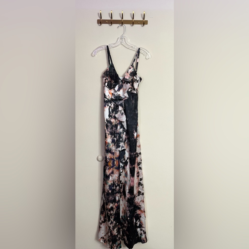 Ted Baker London 100% Silk Ruffle Spaghetti Strap Maxi Dress Gown Black 0